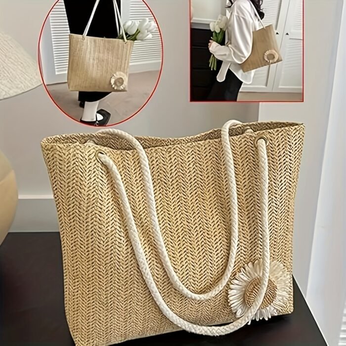 2 Colors Bohemian Woven Tote Bag with Sunflower Accents - Spacious Khaki/White Women'S Shoulder Handbag, Lightweight Stylish Design for Beach Vacation and Casual Outings, Magnetic Closure, Polyester Lined, Fixed Strap, Hand Washable, Beach Bag, Vacation Accessory, Decorative Embellishments, Handwashable Fabric