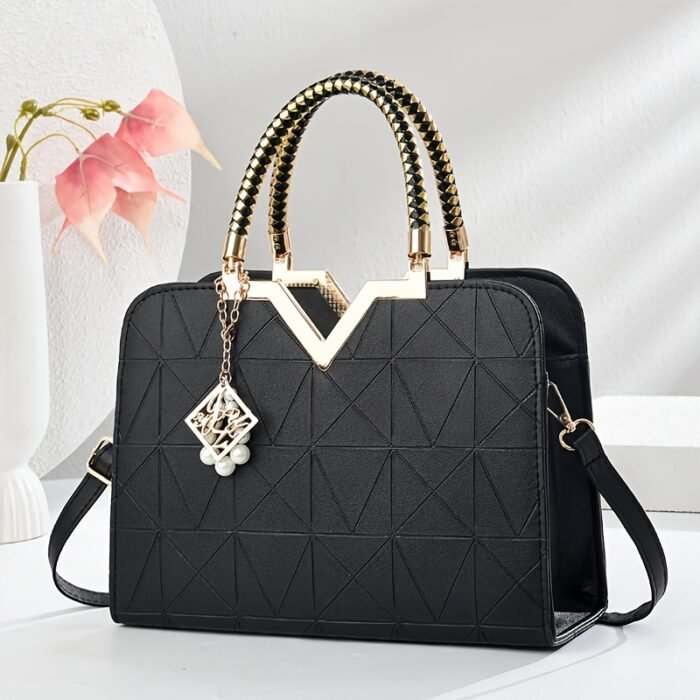 Cocogigi Women'S Elegant Black Geometric Crossbody Bag with Golden-Tone Hardware, Detachable Shoulder Strap, and Sparkling Charm - Versatile Commuter Handbag for Casual or Formal Occasions, Casual Shoulder Bag | Geometric Pattern Bag | Polyester Lined Interior, Purse - Image 6