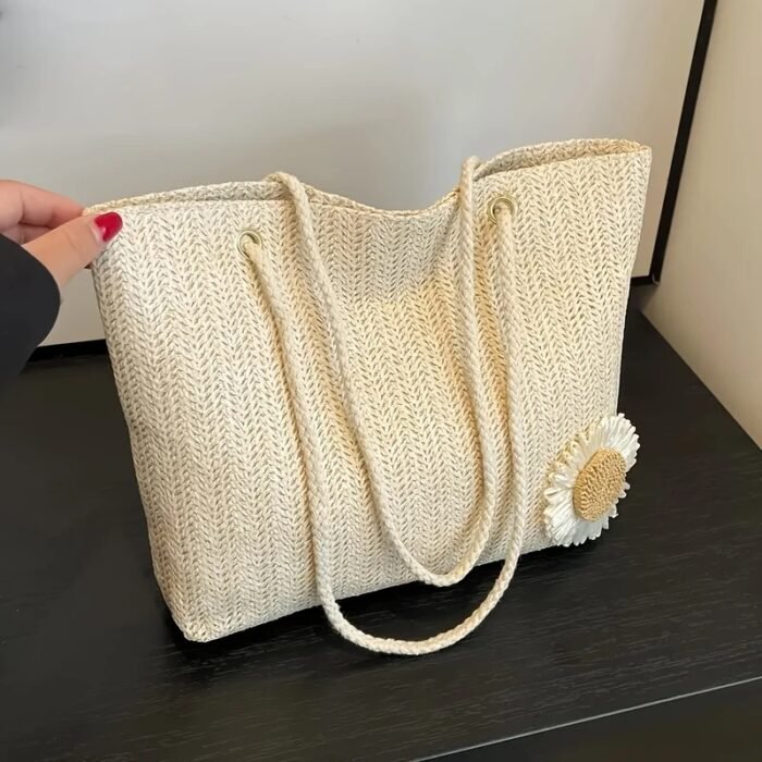 2 Colors Bohemian Woven Tote Bag with Sunflower Accents - Spacious Khaki/White Women'S Shoulder Handbag, Lightweight Stylish Design for Beach Vacation and Casual Outings, Magnetic Closure, Polyester Lined, Fixed Strap, Hand Washable, Beach Bag, Vacation Accessory, Decorative Embellishments, Handwashable Fabric - Image 6