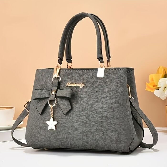 Elegant Black Handbag with Lychee Pattern, Bow Detail & Star Charm - Adjustable Shoulder Strap, Zippered Main Compartment - Perfect for Work, Shopping, Dates & Photography - Stylish Minimalist Design, Available in Khaki, Dark Gray, Rose Red, Khaki, Black - Image 13
