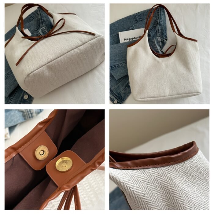Women'S Crossbody Bag, Niche Patchwork Canvas Tote Bag, Commuting Fashion with Bow Tie, Shoulder Underarm Bag-- Stylish Design, Quality Workmanship, Comfortable Handle, 3 Colors to Choose from, Suitable for Shopping, Shopping, Work Commuting, Travel Leisure, School Classes, Dates and so on, Perfect holiday gif - Image 9