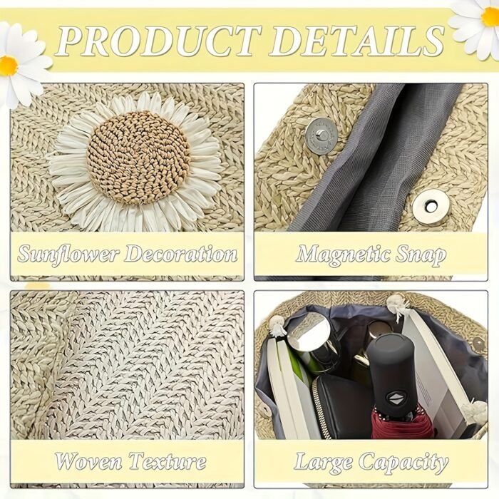 2 Colors Bohemian Woven Tote Bag with Sunflower Accents - Spacious Khaki/White Women'S Shoulder Handbag, Lightweight Stylish Design for Beach Vacation and Casual Outings, Magnetic Closure, Polyester Lined, Fixed Strap, Hand Washable, Beach Bag, Vacation Accessory, Decorative Embellishments, Handwashable Fabric - Image 5