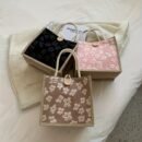 Chic Pink Floral Linen Tote Bag - Casual Japanese Bento Lunch Bag with Snap Closure, Hand Washable, Perfect for Women, Moms, and Students, Lightweight & Stylish, Ideal for Daily Use | Textured Woven Design