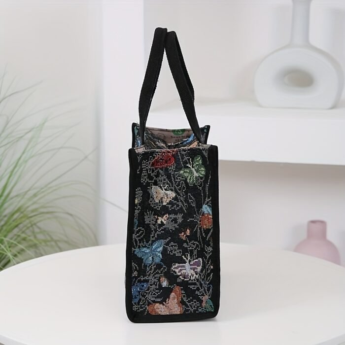 [Retro Handbag] Retro Women's Butterfly & Floral Fabric Handbag | Zipper Closure Small Square Tote with Fixed Shoulder Straps, Portable Work Bag for Everyday Use & Sundries Storage - Image 4