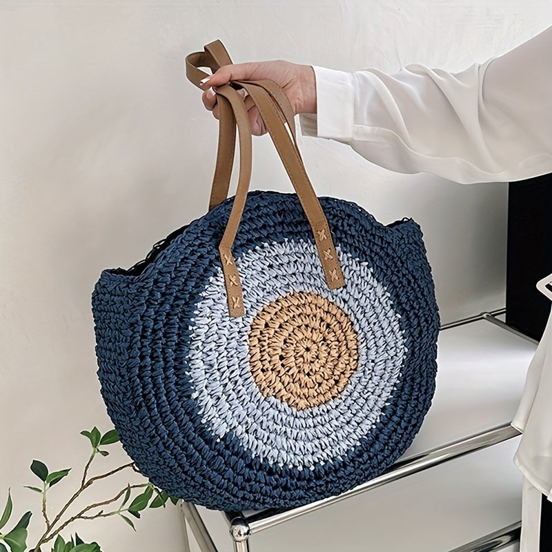 Large Capacity Woven Tote Bag - Stylish Beige & Blue Striped Beach Handbag with Floral Accents, Zip Closure, Perfect for Vacation or Everyday Use