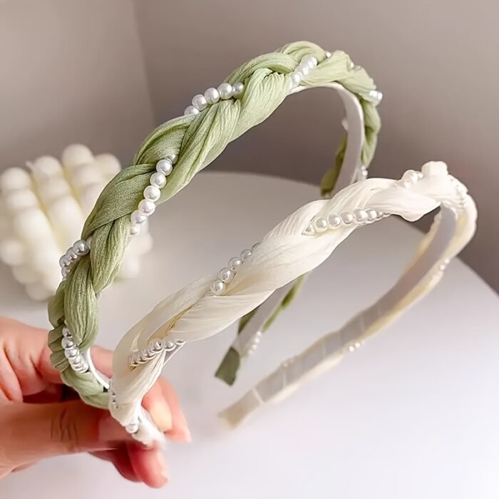 1pc Elegant Twisted Floral Headband with Faux Imitation Pearls - Sweet Style, Non-Slip, Green Ribbon & White Faux Pearl Design, Perfect for Daily Wear or Special Occasions, Daily Headband|Elegant Hair Accessory|Ribbon Headband