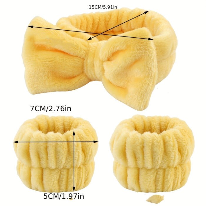 Solid Color Butterfly End Headband Wristband Set Women'S Wash Beauty Makeup Headband Wrist Flannel Hair Accessories Headwear Face Wash Headband Wrist Set Plush Elastic Headband Ladies Accessories Set - Image 2