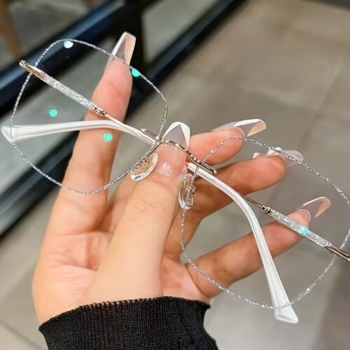 A Pair Of Frameless Transparent Lenses For Women, With A Sparkling Galaxy Frame