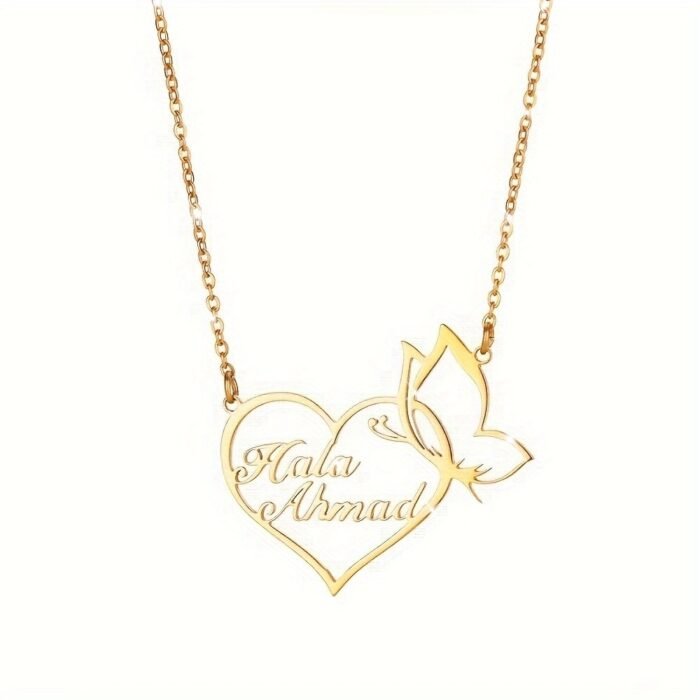 Customized 18K Golden Plated Stainless Steel Heart & Butterfly Necklace, Unisex Vintage Bohemian Style, Perfect for Daily Wear, Work, Dates, Gifts, Valentine's Day, Festivals, Parties - Image 12