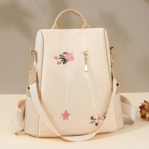 Stylish Floral Embroidered Backpack - Lightweight Anti-Theft Large Capacity Unisex Daypack with Adjustable & Detachable Straps, Zipper Closure, Polyester Lining for Commuting, Travel, School, Travel Backpack