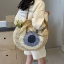 Large Capacity Woven Tote Bag - Stylish Beige & Blue Striped Beach Handbag with Floral Accents, Zip Closure, Perfect for Vacation or Everyday Use