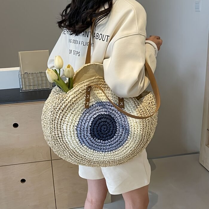 Large Capacity Woven Tote Bag - Stylish Beige & Blue Striped Beach Handbag with Floral Accents, Zip Closure, Perfect for Vacation or Everyday Use - Image 5
