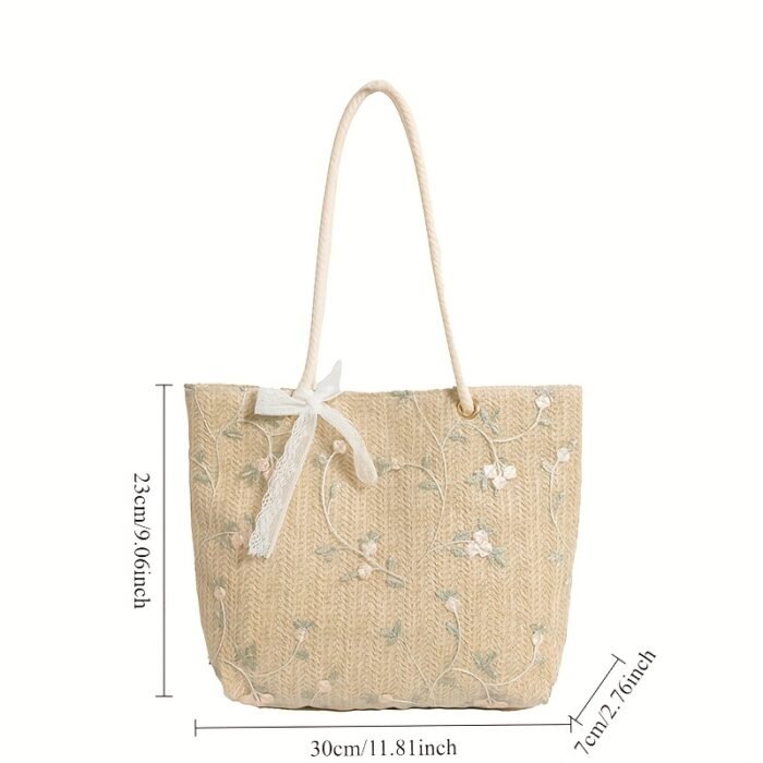 Chic Summer Woven Tote Bag - Korean Style, Beige Fabric with Floral Lace Detailing, Casual Small Crossbody Bucket Bag with White Strap and Polyester Lining, Casual Accessory | Floral Lace Bag | Buckle Closure - Image 9