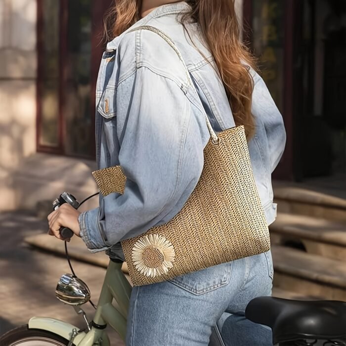 2 Colors Bohemian Woven Tote Bag with Sunflower Accents - Spacious Khaki/White Women'S Shoulder Handbag, Lightweight Stylish Design for Beach Vacation and Casual Outings, Magnetic Closure, Polyester Lined, Fixed Strap, Hand Washable, Beach Bag, Vacation Accessory, Decorative Embellishments, Handwashable Fabric - Image 2