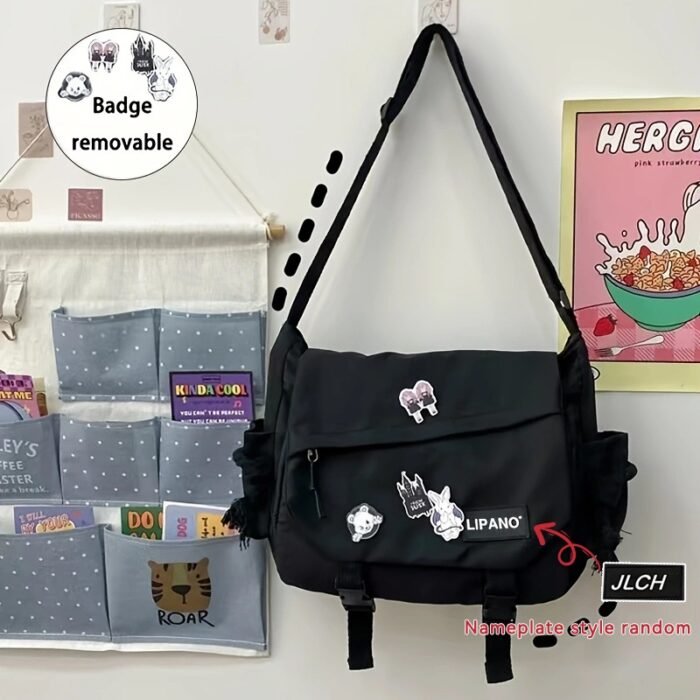 Harajuku style large capacity shoulder bag, retro workman's mail carrier bag, nylon crossbody bag for students with 4 badges included, fashionable bag suitable for men and women, perfect for back-to-school season - Image 5