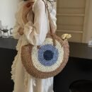 Large Capacity Woven Tote Bag - Stylish Beige & Blue Striped Beach Handbag with Floral Accents, Zip Closure, Perfect for Vacation or Everyday Use