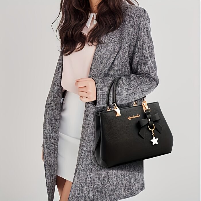 Elegant Black Handbag with Lychee Pattern, Bow Detail & Star Charm - Adjustable Shoulder Strap, Zippered Main Compartment - Perfect for Work, Shopping, Dates & Photography - Stylish Minimalist Design, Available in Khaki, Dark Gray, Rose Red, Khaki, Black - Image 4
