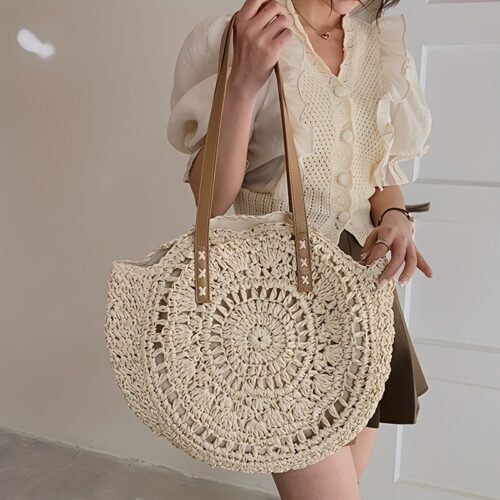 Summer Hollow Design Round Straw Tote Bag, Minimalist Woven Women's Tote Bag, Beach Bag, Suitable for All Seasons