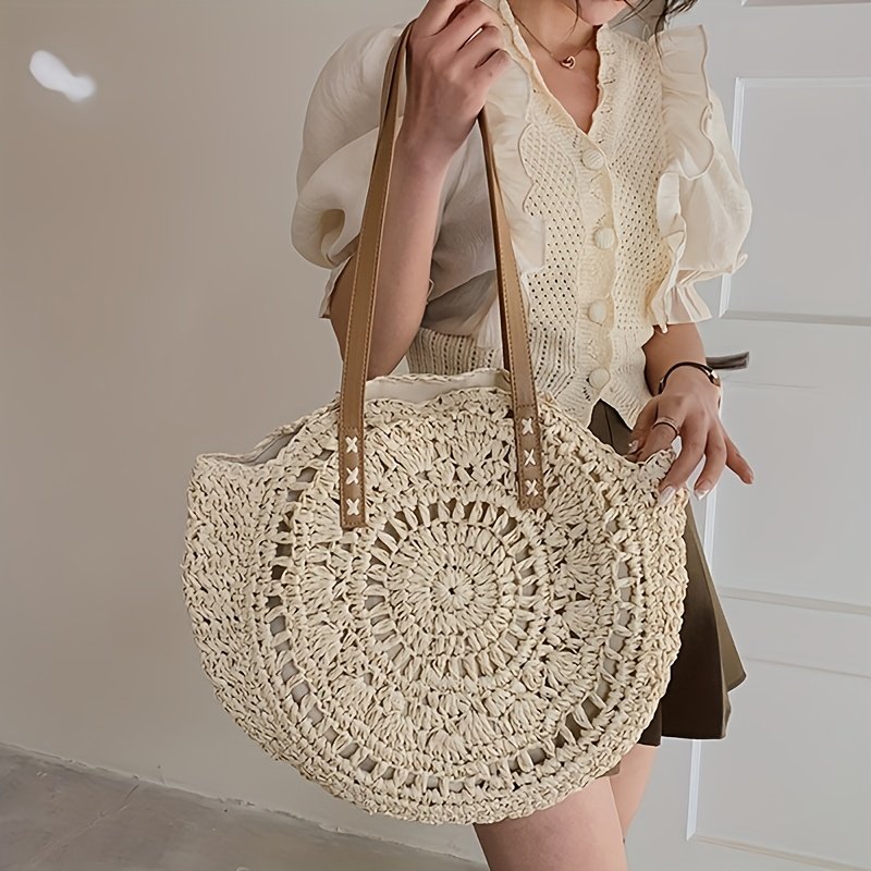 Summer Hollow Design Round Straw Tote Bag, Minimalist Woven Women's Tote Bag, Beach Bag, Suitable for All Seasons