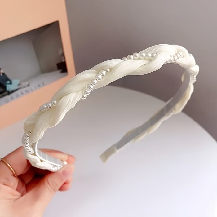 1pc Elegant Twisted Floral Headband with Faux Imitation Pearls - Sweet Style, Non-Slip, Green Ribbon & White Faux Pearl Design, Perfect for Daily Wear or Special Occasions, Daily Headband|Elegant Hair Accessory|Ribbon Headband - Image 9