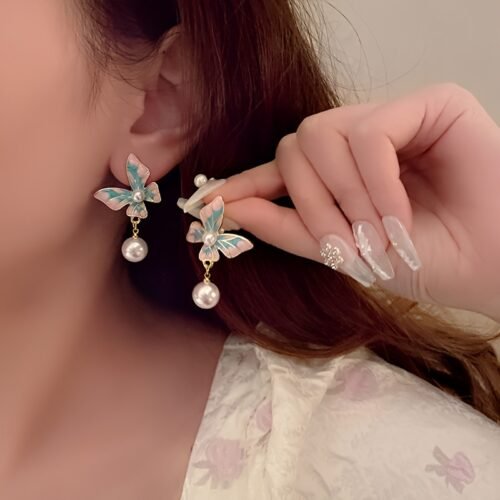 2pcs Elegant French Vintage Butterfly Earrings - Chic Blue & White Butterfly Dangle Design with Pearl Accents, Perfect for Women'S Fashion Accessories, Fashion Earrings | Artistic Earrings | Dangle Earring Design, Earrings for Women