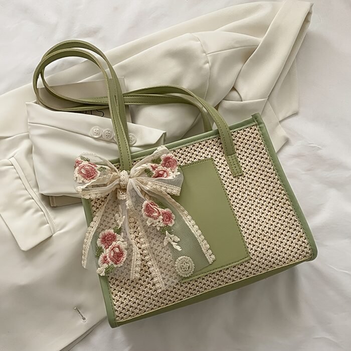 Elegant Woven Tote Bag with Floral Accent - Large Capacity, Rectangular Shape, Zipper Closure, Polyester Lining, Available in Beige, Green, and Cream, Perfect for Beach and Summer Outings, Beach Tote Bag|Elegant Tote Bag|Zippered Closure, Beach Bag - Image 7
