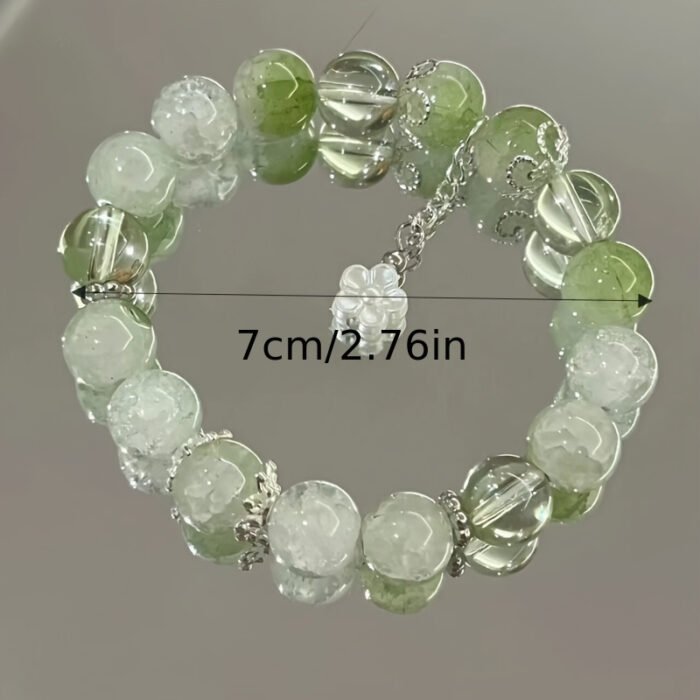 Women's Lemon Floral Bracelet - Green Beads with White Flower Charms & Accents, Lightweight Everyday Jewelry for Spring Summer, Korean Japanese Style Fashion Accessory, Summer Wristwear | Minimalist Bead Design | Sparkling Elements - Image 3