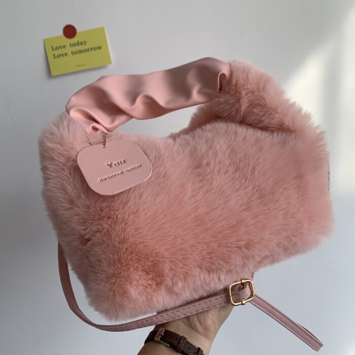 Women's Plush Faux Fur Crossbody Bag with Adjustable Strap & Zipper Closure - Sparkling Accents, Anti-Theft Design, Multiple Colors (Khaki/Light Gray/Beige/Pink) for Commuting & Casual Outings, Crossbody Purse, Winter Fashion Accessory, Soft Texture Purse - Image 12
