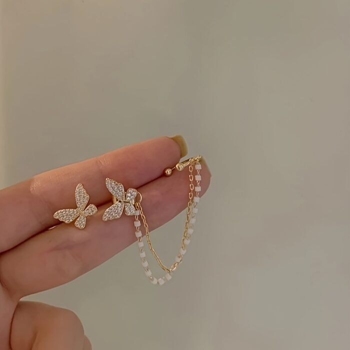 1 Pair of Temperament Simple Irregular Imitation Chain Tassel Butterfly Micro Drill Earrings Ear Clip Set for Girls, Valentine's Day Party Fairy Earrings - Image 6