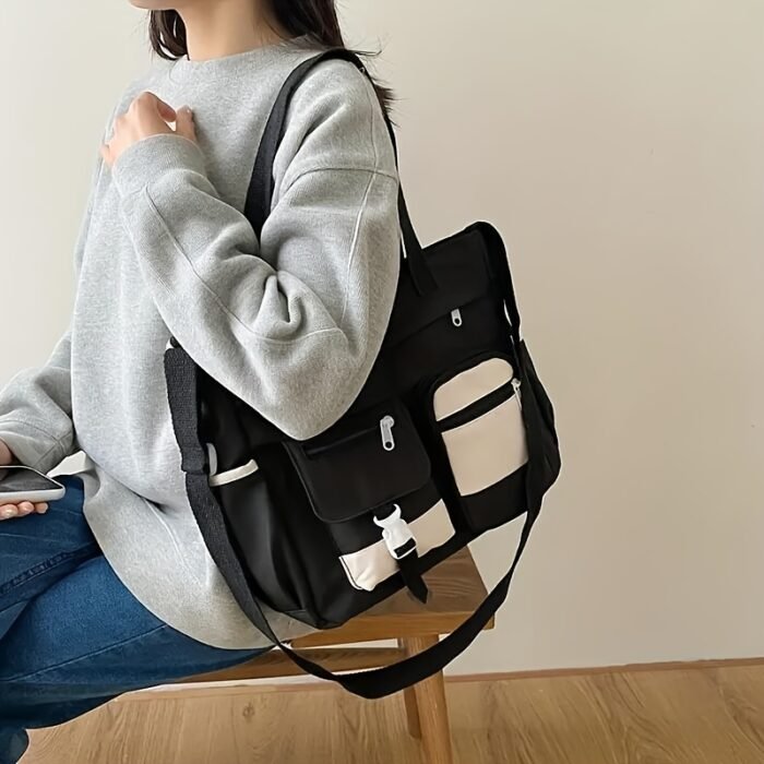 Women'S Black & Beige Two-Tone Adjustable Strap Tote Bag - Foldable, Zipper Closure, Removable Pouch, Polyester Lining, Machine Washable, Everyday Commute Bag|Foldable Tote Bag|Zippered Closure, Tote Bag - Image 11