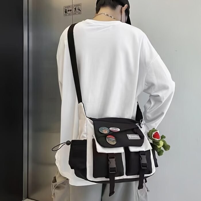 Large Capacity Nylon Messenger Bag for Students - Casual Japanese-Inspired Crossbody with Adjustable Strap, Contrasting Colors, and Badge Set - Ideal for School and Shopping, School Shoulder Bag|Contrasting Colors Bag|Adjustable Strap Bag - Image 8