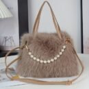 Women's Faux Fur & Embellished Crossbody Bag with Detachable Strap - Magnetic Closure Compact Casual Chic Handbag in Bright Pink, Khaki, Coffee, White, Black, Fashion Accessory, Evening Accessory, Embellishment, Soft Texture