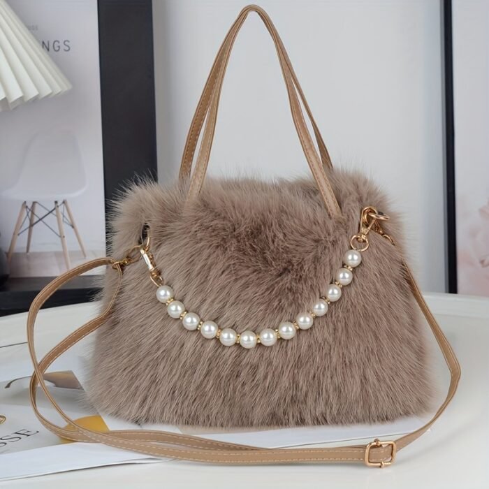 Women's Faux Fur & Embellished Crossbody Bag with Detachable Strap - Magnetic Closure Compact Casual Chic Handbag in Bright Pink, Khaki, Coffee, White, Black, Fashion Accessory, Evening Accessory, Embellishment, Soft Texture - Image 12