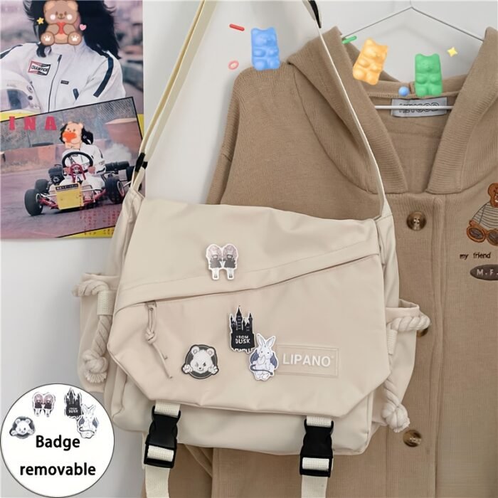 Harajuku style large capacity shoulder bag, retro workman's mail carrier bag, nylon crossbody bag for students with 4 badges included, fashionable bag suitable for men and women, perfect for back-to-school season - Image 9