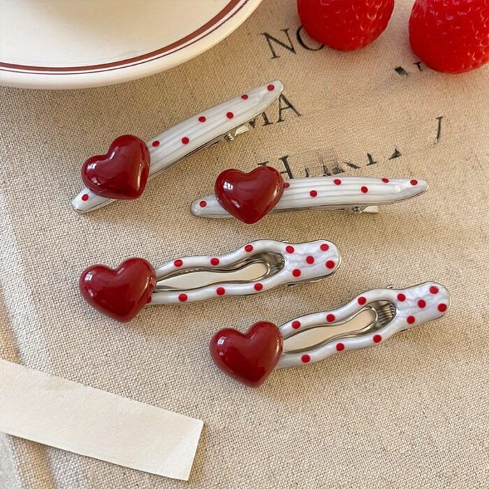 2pcs/4pcs Retro Fashion Heart Polka Dot Hair Clips, Cute Duckbill Clip, Bangs Barrette, High-End Edge Clamps Versatile Accessories for Spring and Summer - Image 2
