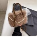 Women's Faux Fur & Embellished Crossbody Bag with Detachable Strap - Magnetic Closure Compact Casual Chic Handbag in Bright Pink, Khaki, Coffee, White, Black, Fashion Accessory, Evening Accessory, Embellishment, Soft Texture