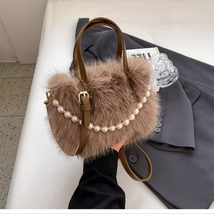 Women's Faux Fur & Embellished Crossbody Bag with Detachable Strap - Magnetic Closure Compact Casual Chic Handbag in Bright Pink, Khaki, Coffee, White, Black, Fashion Accessory, Evening Accessory, Embellishment, Soft Texture - Image 2