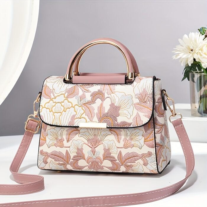 Elegant Floral Print Women's Handbag - Stylish Crossbody Bag with Golden-Tone Hardware, White Base & Black/Beige Floral Pattern, Lightweight & Spacious for Everyday Use - Image 11