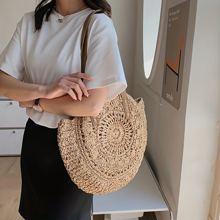 Summer Hollow Design Round Straw Tote Bag, Minimalist Woven Women's Tote Bag, Beach Bag, Suitable for All Seasons - Image 9