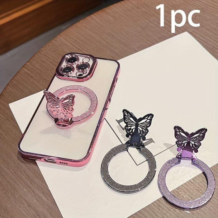 1pc Glitter Butterfly Stand Ultra-Thin Magnetic Wireless Charging Foldable Back Adhesive Phone Case Universal Ring Holder - Image 4