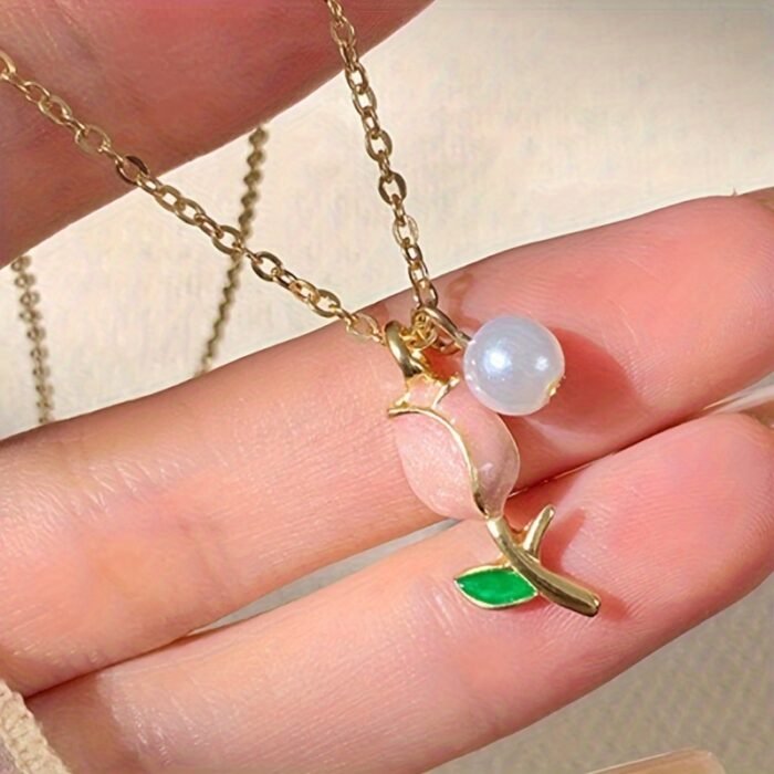 Elegant 14K Gold Plated Golden Plated Tulip Pendant Necklace with Pink & White Imitation Imitation Pearl, Golden-Tone Alloy Chain Collarbone Jewelry for Women - Birthday Anniversary Christmas Gift, Best for Christmas - Image 3