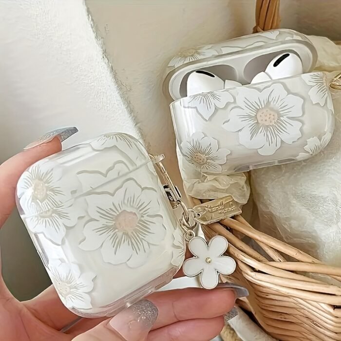 Fashionable White Floral TPU Protective Case - Wireless Earbud Case with Anti-Drop Design, Keychain for Pro 2/1/2/3 Gen, Durable and Cute - Image 6