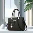 Elegant Black Handbag with Lychee Pattern, Bow Detail & Star Charm - Adjustable Shoulder Strap, Zippered Main Compartment - Perfect for Work, Shopping, Dates & Photography - Stylish Minimalist Design, Available in Khaki, Dark Gray, Rose Red, Khaki, Black