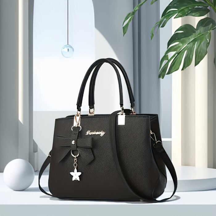 Elegant Black Handbag with Lychee Pattern, Bow Detail & Star Charm - Adjustable Shoulder Strap, Zippered Main Compartment - Perfect for Work, Shopping, Dates & Photography - Stylish Minimalist Design, Available in Khaki, Dark Gray, Rose Red, Khaki, Black - Image 9