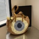 Large Capacity Woven Tote Bag - Stylish Beige & Blue Striped Beach Handbag with Floral Accents, Zip Closure, Perfect for Vacation or Everyday Use