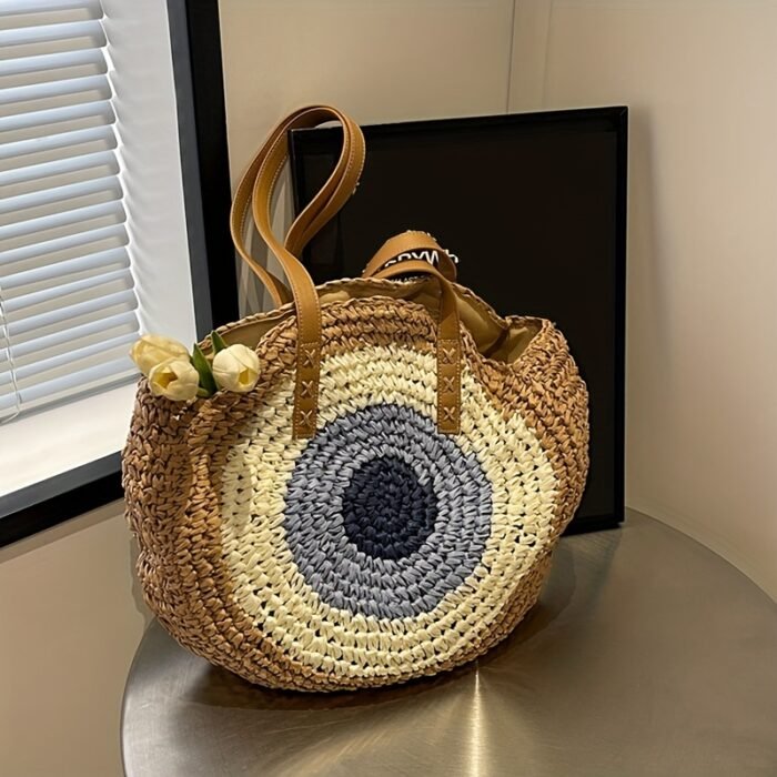 Large Capacity Woven Tote Bag - Stylish Beige & Blue Striped Beach Handbag with Floral Accents, Zip Closure, Perfect for Vacation or Everyday Use - Image 4