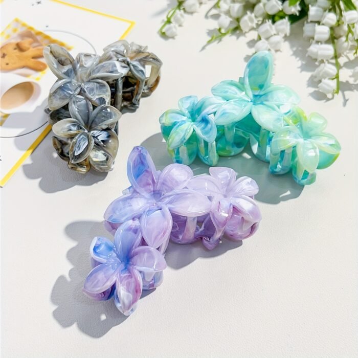 1pc Fashion Marble Pattern Egg Flower Hair Claw - Bohemian Style Plastic Shark Clip for Vacation and Everyday Wear, Floral Hair Accessory|Floral Hair Claw|Marble Pattern Texture - Image 4