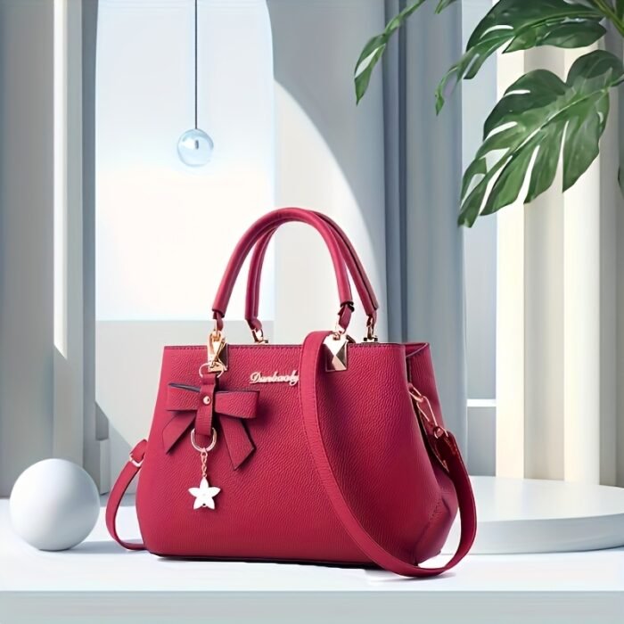 Elegant Black Handbag with Lychee Pattern, Bow Detail & Star Charm - Adjustable Shoulder Strap, Zippered Main Compartment - Perfect for Work, Shopping, Dates & Photography - Stylish Minimalist Design, Available in Khaki, Dark Gray, Rose Red, Khaki, Black - Image 8