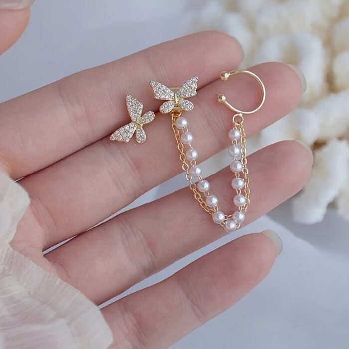 1 Pair of Temperament Simple Irregular Imitation Chain Tassel Butterfly Micro Drill Earrings Ear Clip Set for Girls, Valentine's Day Party Fairy Earrings - Image 3