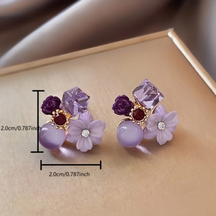 Elegant Boho-Chic Purple Artificial Crystal Flower Stud Earrings for Women - 925 Sterling Silver Posts, Versatile Fashion Accessory for All Seasons, Perfect for Gifts and Banquets - Image 6